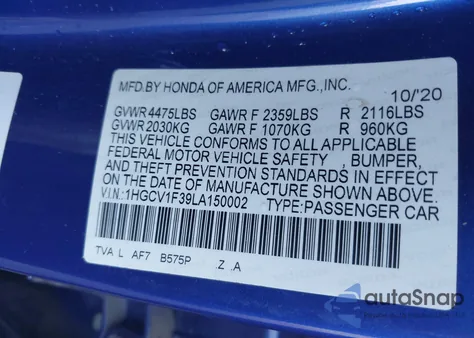 2020 Honda Accord Sport из США, поврежденный, VIN 1HGCV1F39LA150002